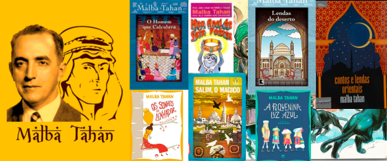 Foto do escritor Malba Tahan e as capas de 8 livros dele