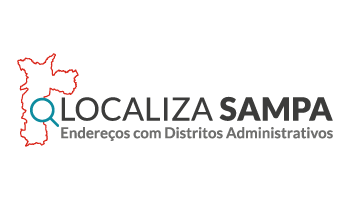 O logo do LocalizaSampa está centralizado numa imagem em branco. Do lado esquerdo há o desenho do mapa da cidade de São Paulo com uma lupa, e ao lado o título &quot;Localiza Sampa&quot; com a frase &quot;Endereços com Distritos Administrativos&quot;